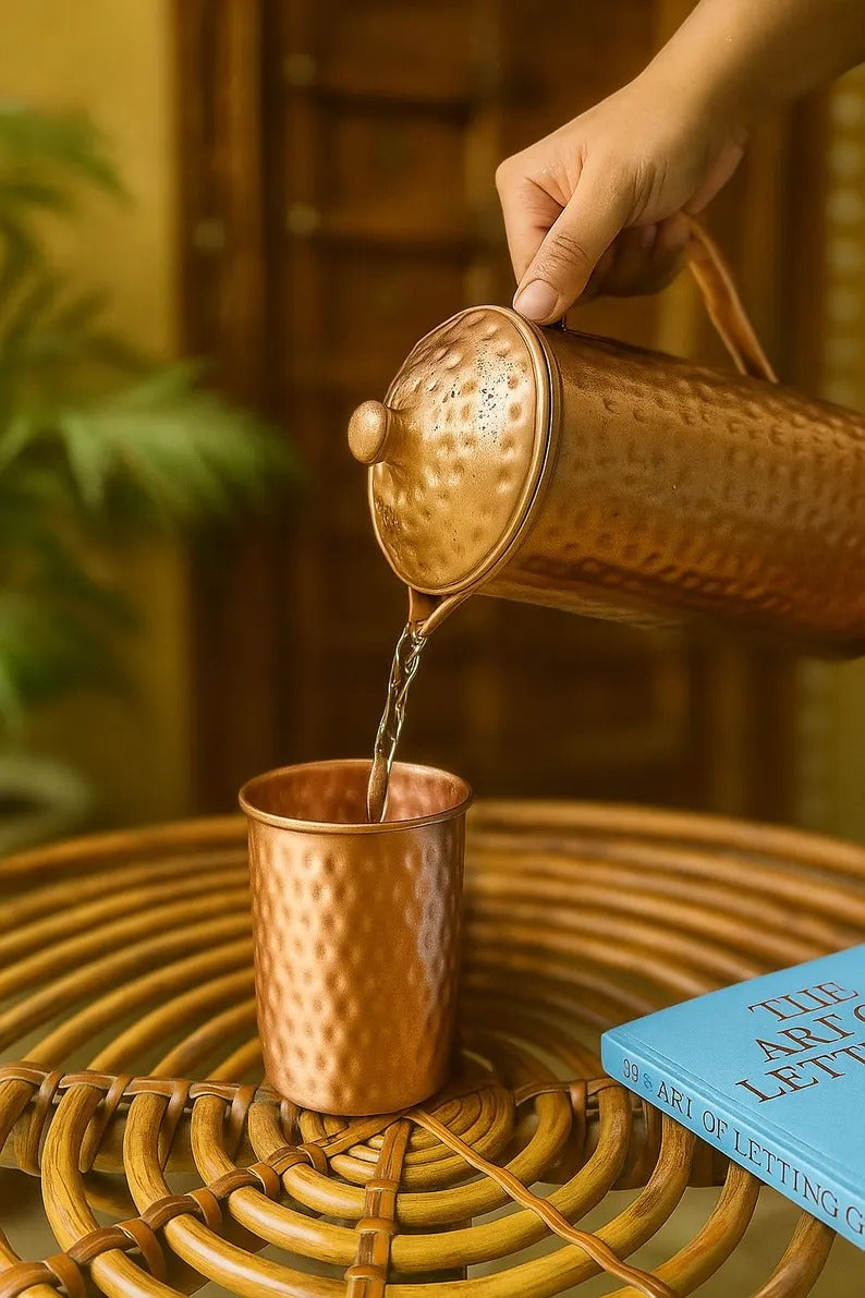 Handmade Pure Copper Jug Set with Tumblers – Ayurvedic Water Pitcher, Traditional Drinkware for Home, Kitchen & Wellness