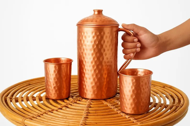 Handmade Pure Copper Jug Set with Tumblers – Ayurvedic Water Pitcher, Traditional Drinkware for Home, Kitchen & Wellness