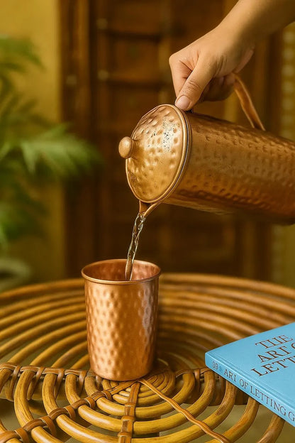 Handmade Pure Copper Jug Set with Tumblers – Ayurvedic Water Pitcher, Traditional Drinkware for Home, Kitchen & Wellness