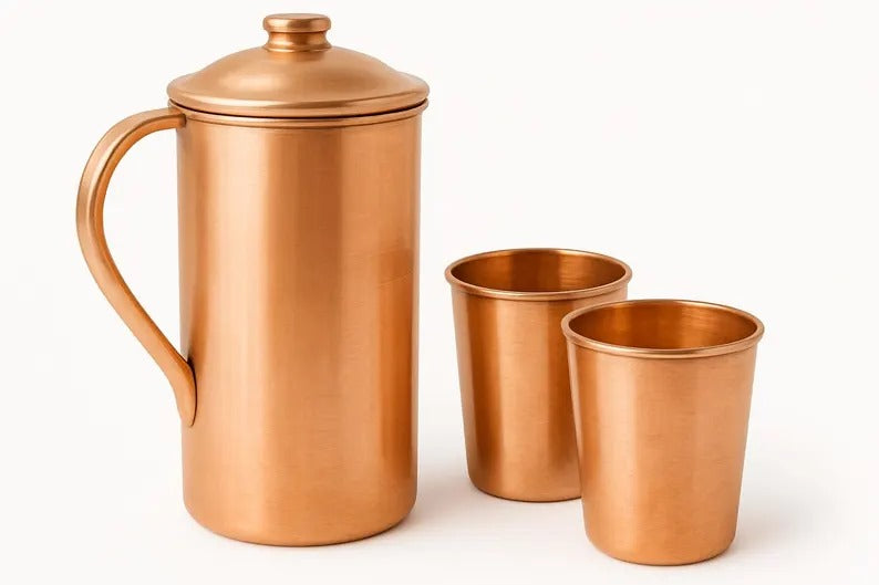Handmade Pure Copper Jug Set with Tumblers – Ayurvedic Water Pitcher, Traditional Drinkware for Home, Kitchen & Wellness